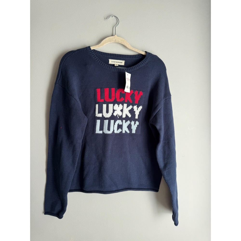 Lucky Brand Womens Navy Blue Graphic Knit Lucky Clover Sweater Small NWT